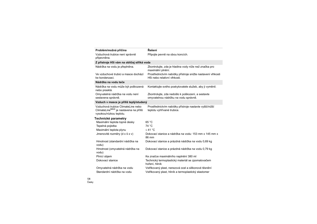 Technické parametry | ResMed S9 H5i User Manual | Page 140 / 156