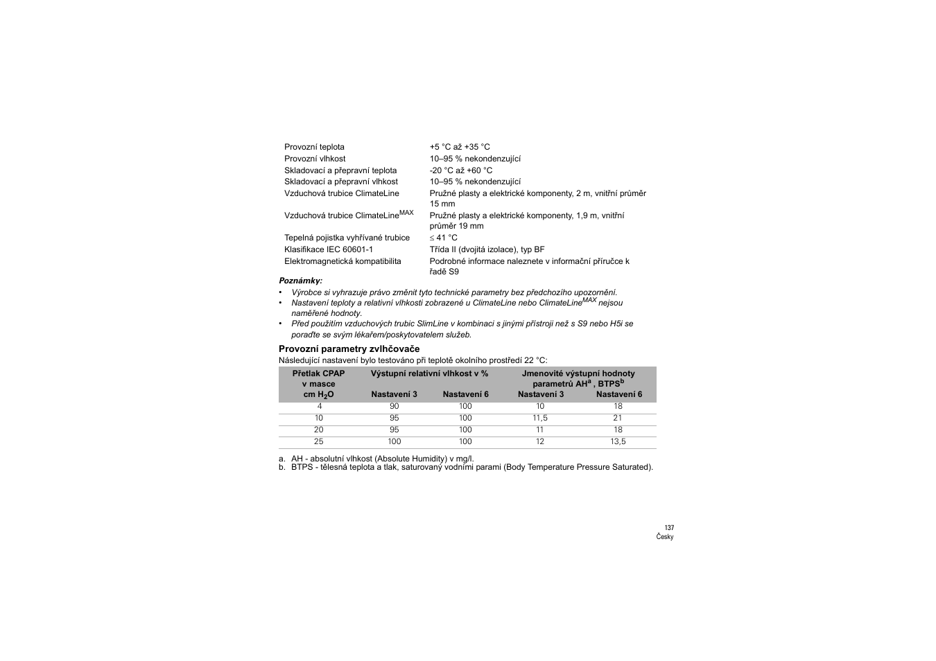 Provozní parametry zvlhčovače | ResMed S9 H5i User Manual | Page 141 / 156