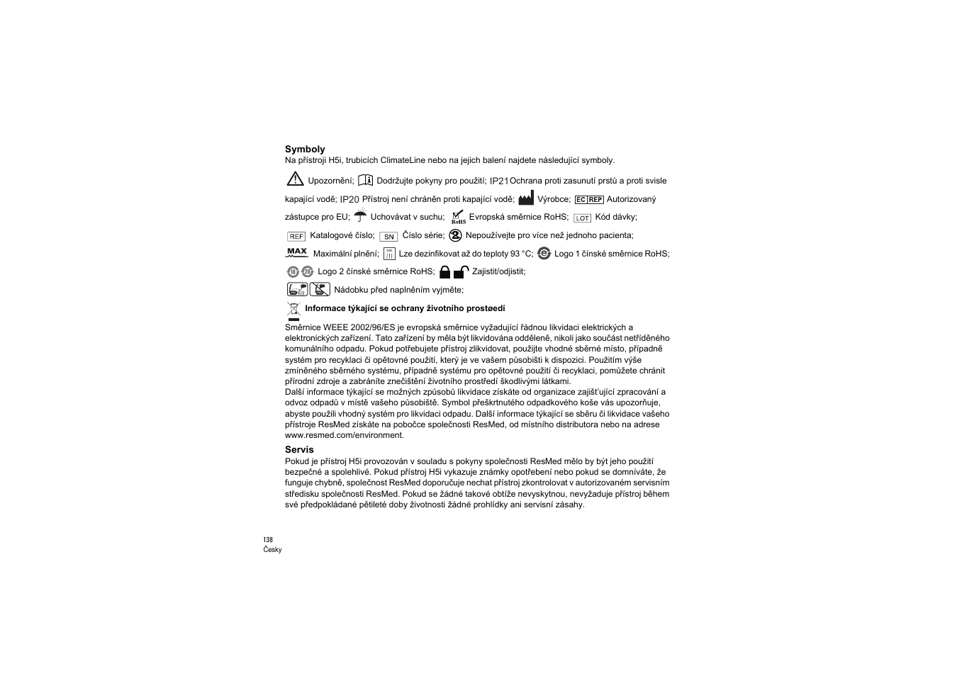 Symboly, Servis | ResMed S9 H5i User Manual | Page 142 / 156