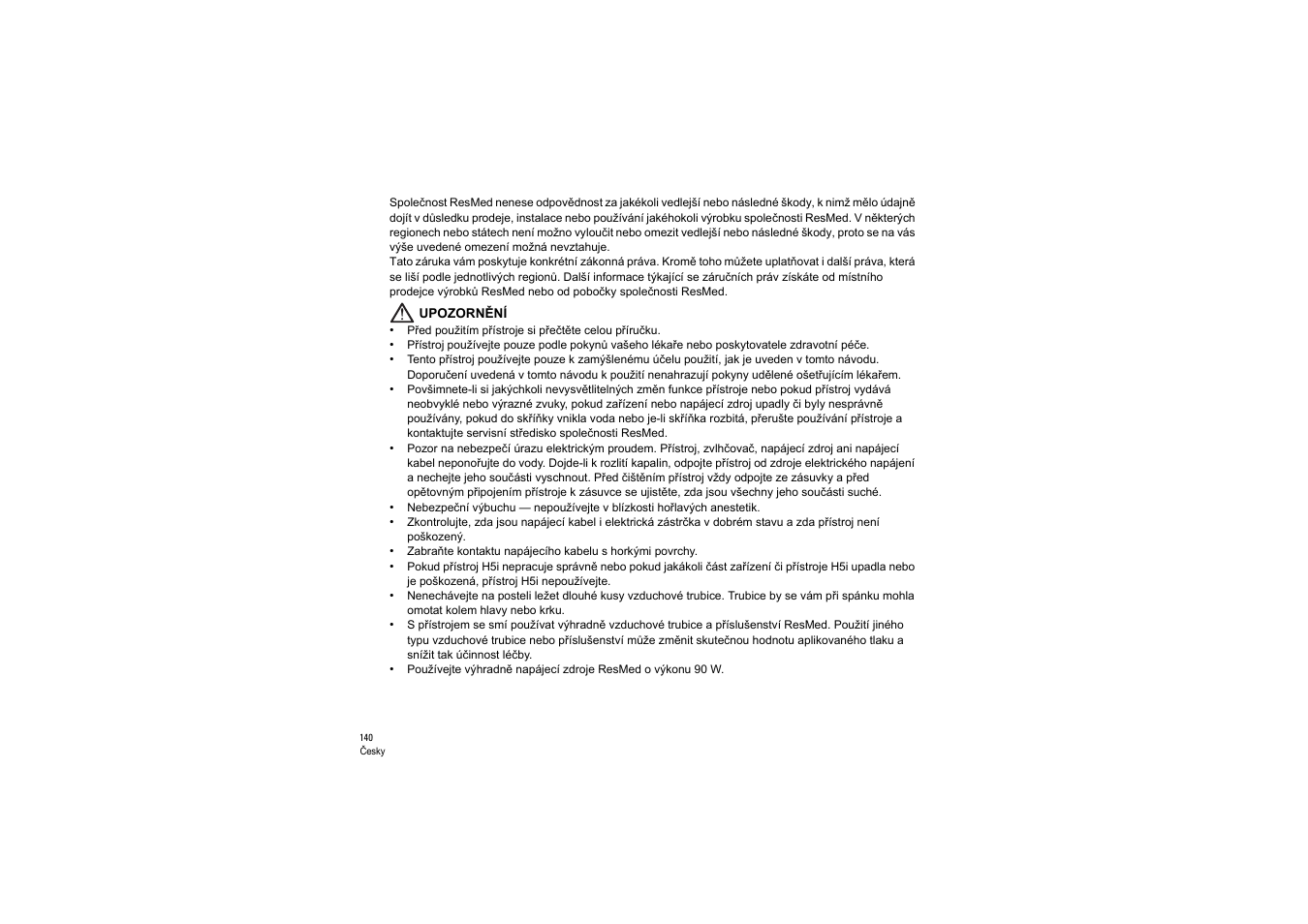 Upozornění | ResMed S9 H5i User Manual | Page 144 / 156