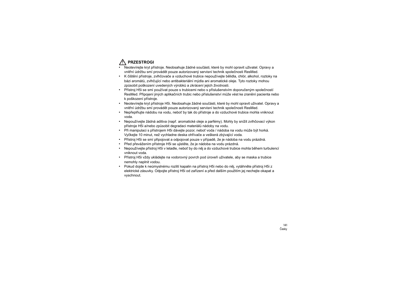 Przestrogi | ResMed S9 H5i User Manual | Page 145 / 156