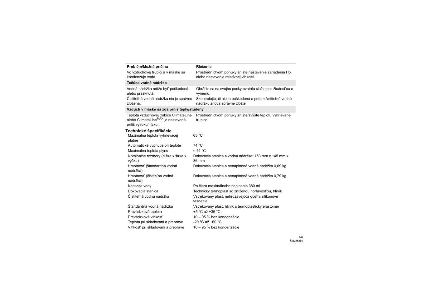 Technické špecifikácie | ResMed S9 H5i User Manual | Page 151 / 156