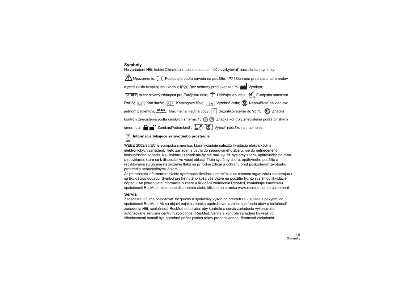 Symboly, Servis | ResMed S9 H5i User Manual | Page 153 / 156