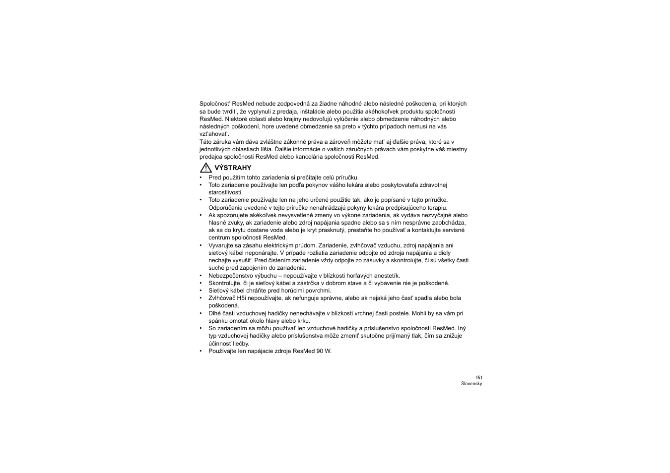 Výstrahy | ResMed S9 H5i User Manual | Page 155 / 156