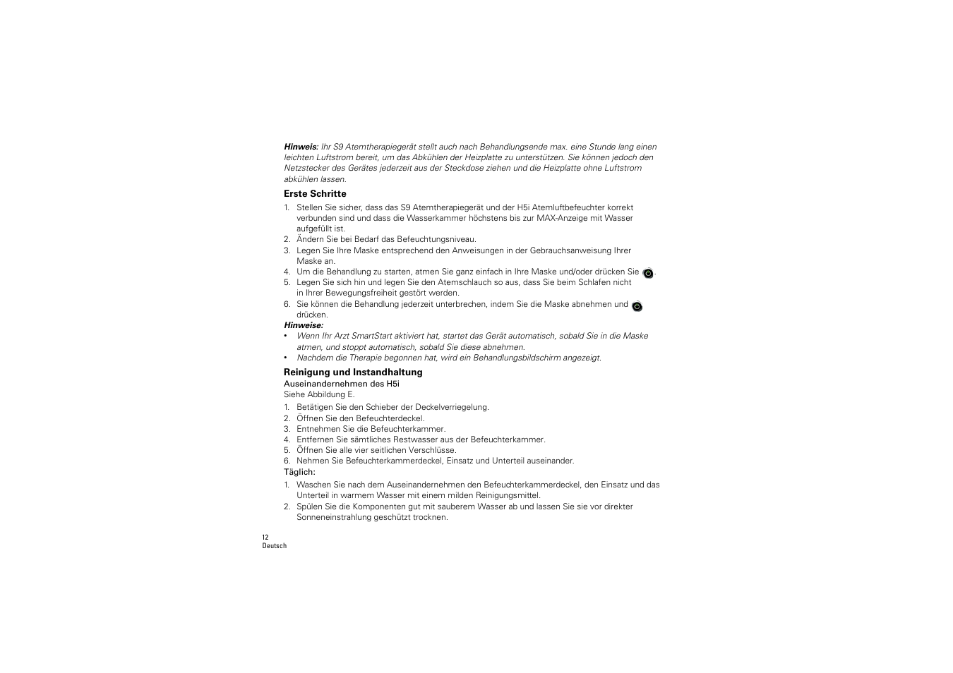 Erste schritte, Reinigung und instandhaltung | ResMed S9 H5i User Manual | Page 16 / 156