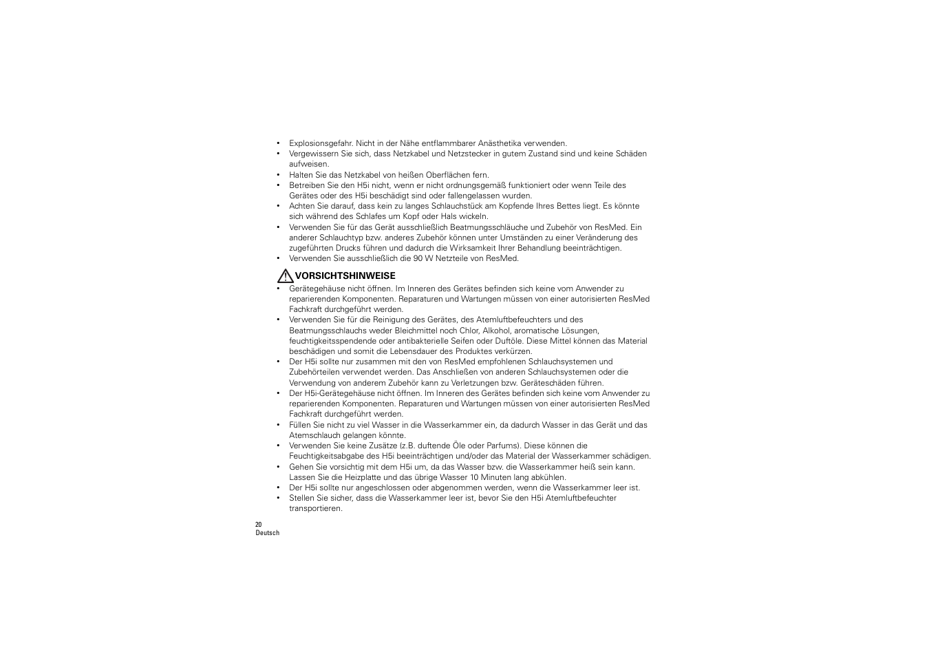 Vorsichtshinweise | ResMed S9 H5i User Manual | Page 24 / 156