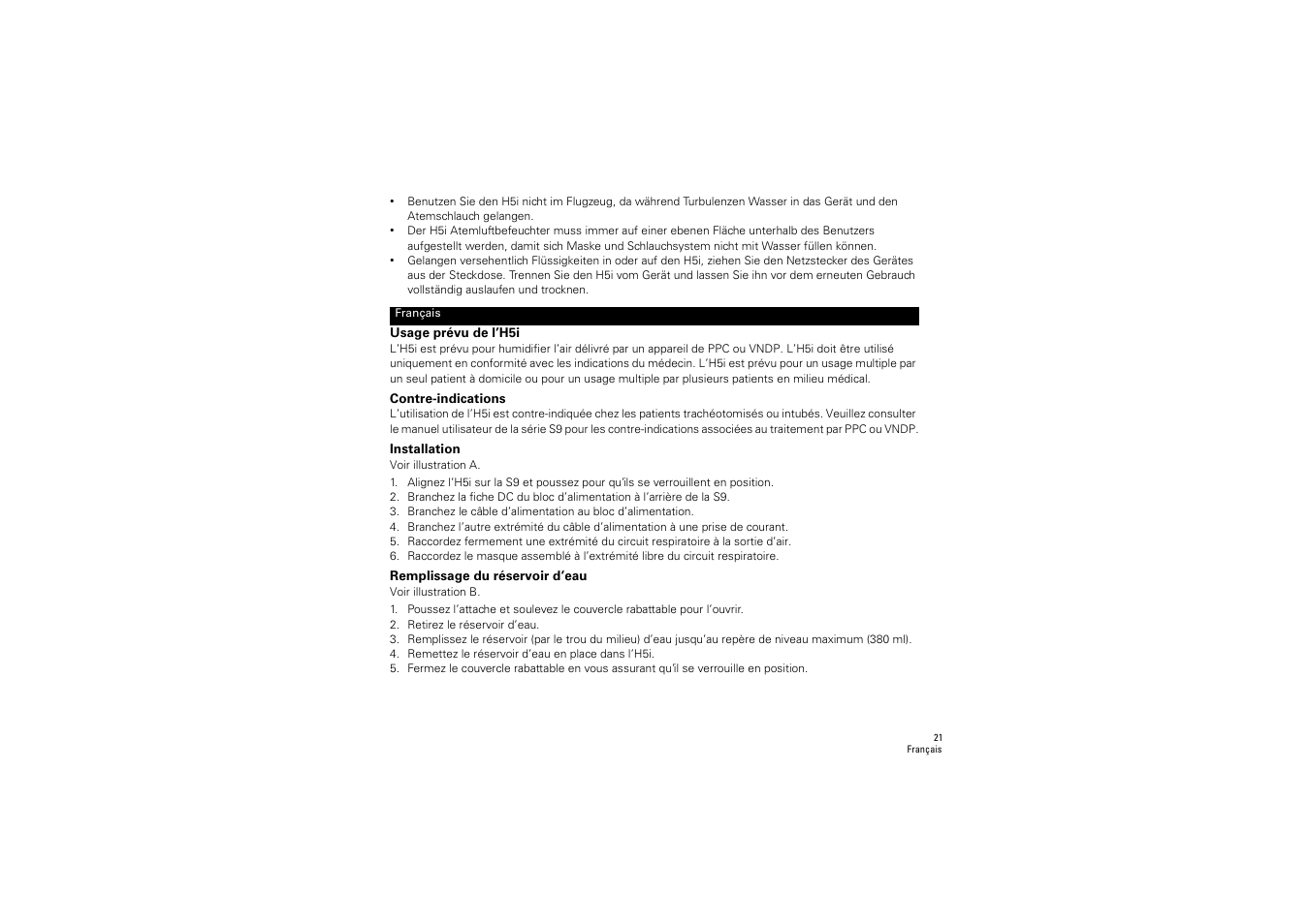 Français, Usage prévu de l’h5i, Contre-indications | Installation, Remplissage du réservoir d’eau | ResMed S9 H5i User Manual | Page 25 / 156