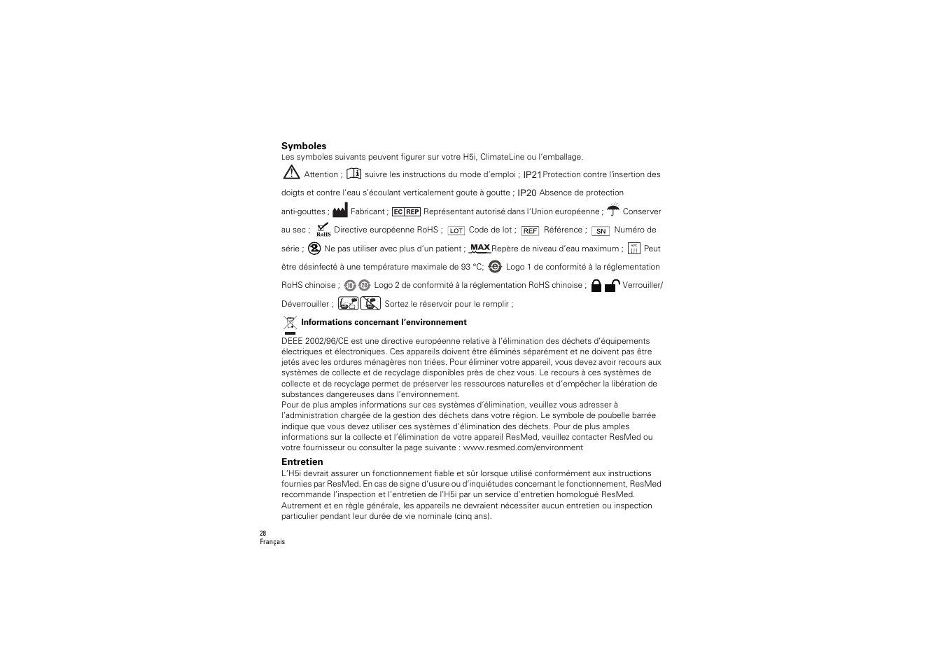 Symboles, Entretien | ResMed S9 H5i User Manual | Page 32 / 156