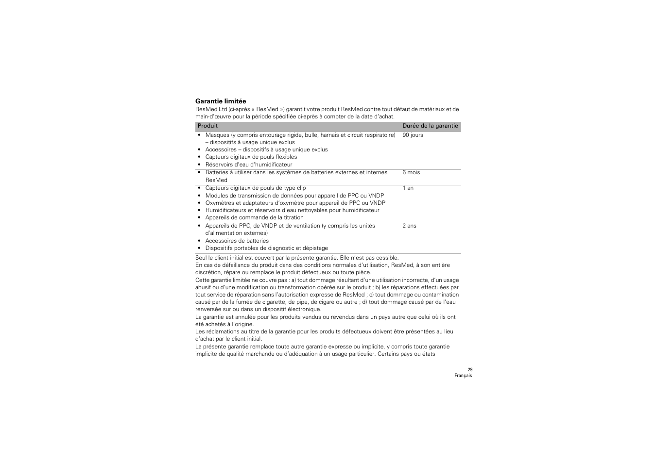 Garantie limitée | ResMed S9 H5i User Manual | Page 33 / 156