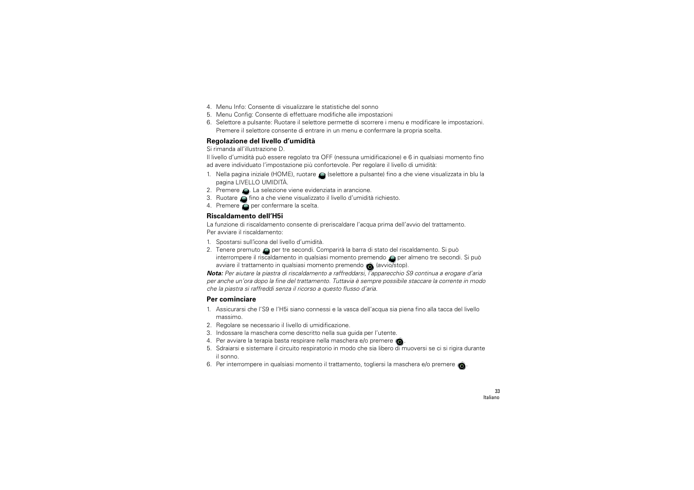 Regolazione del livello d’umidità, Riscaldamento dell’h5i, Per cominciare | ResMed S9 H5i User Manual | Page 37 / 156