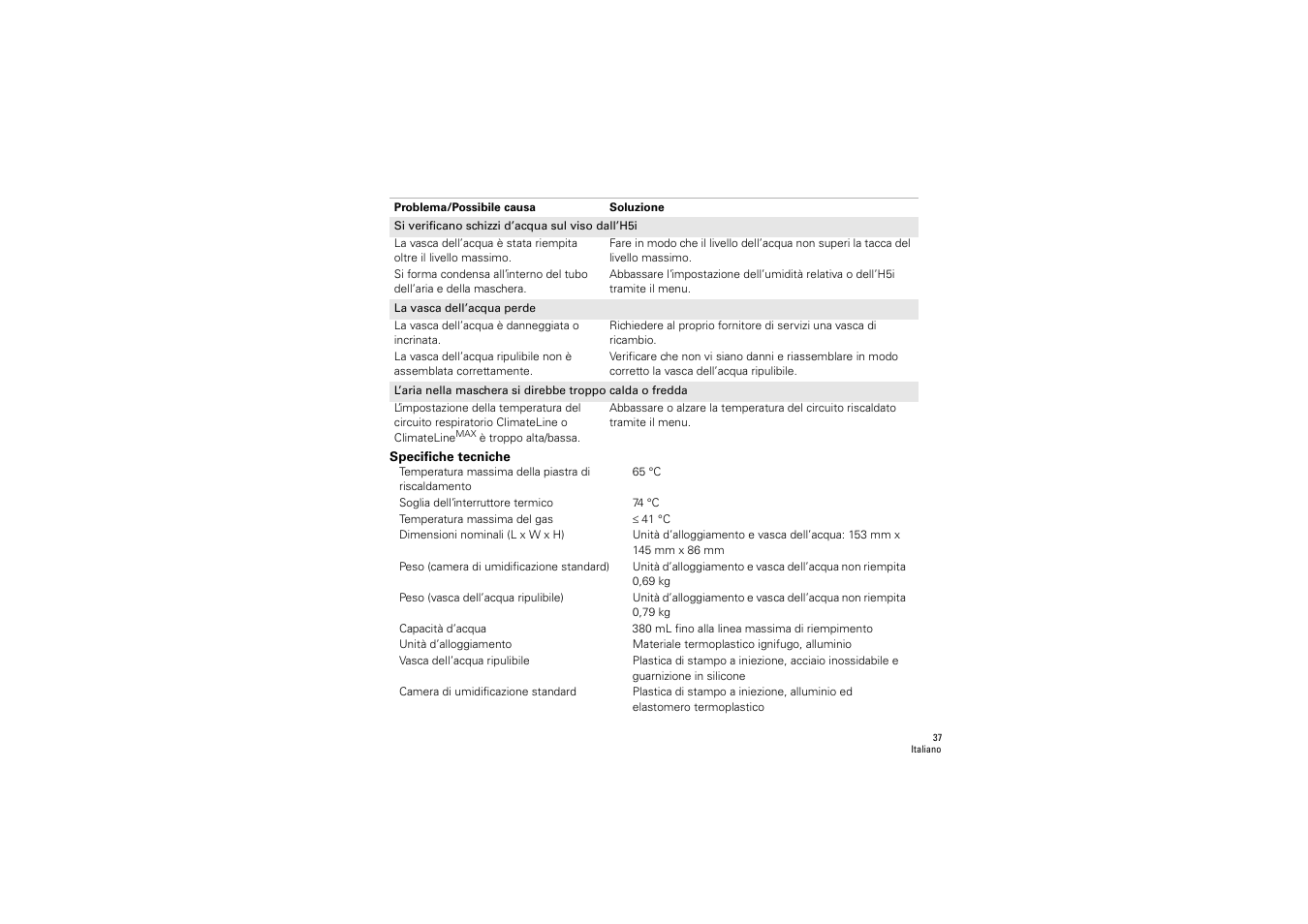 Specifiche tecniche | ResMed S9 H5i User Manual | Page 41 / 156