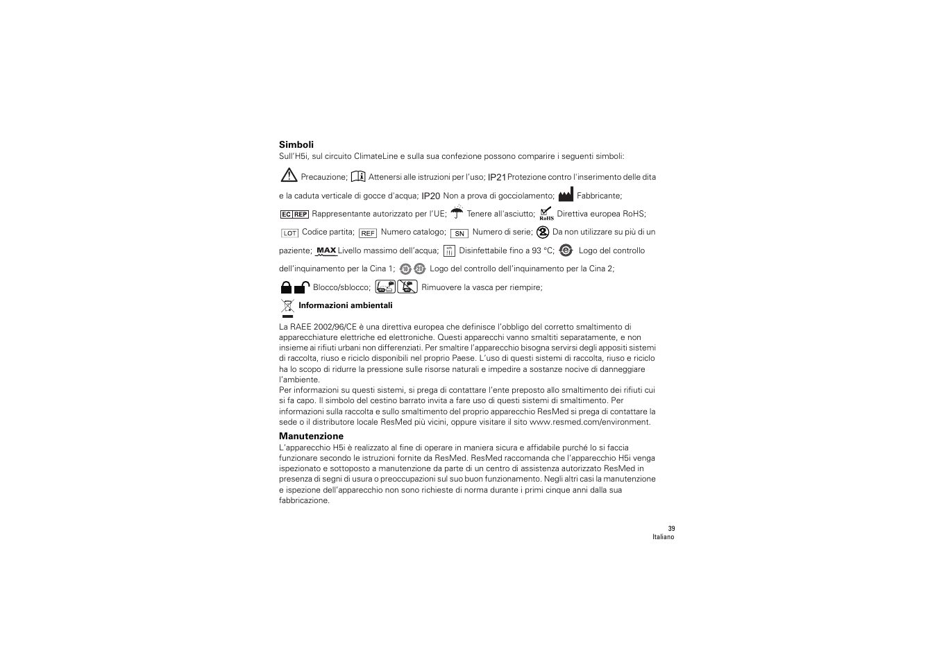 Simboli, Manutenzione | ResMed S9 H5i User Manual | Page 43 / 156