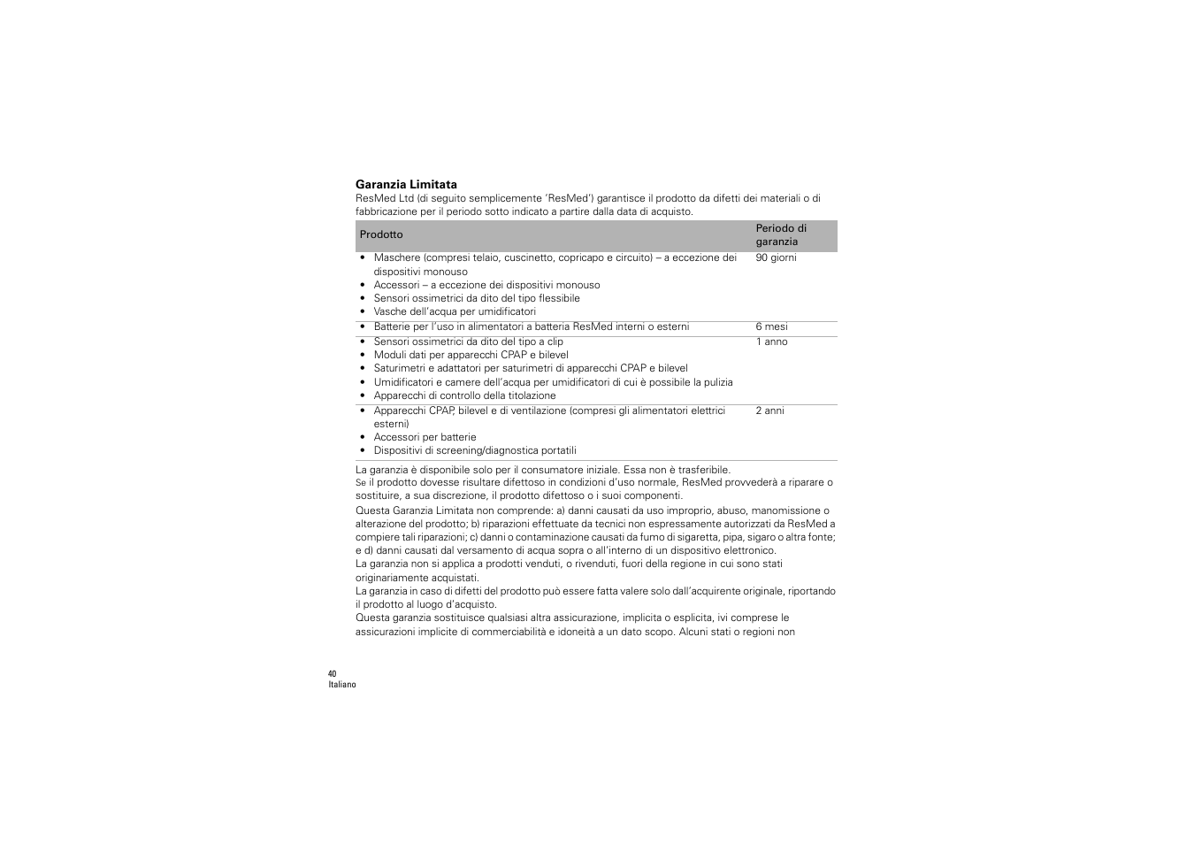 Garanzia limitata | ResMed S9 H5i User Manual | Page 44 / 156