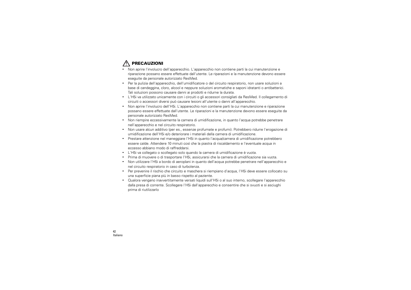 Precauzioni | ResMed S9 H5i User Manual | Page 46 / 156