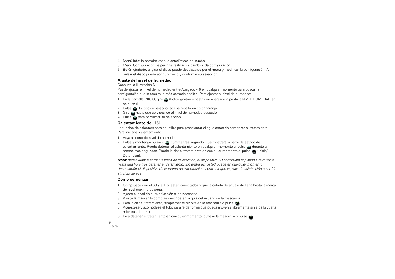 Ajuste del nivel de humedad, Calentamiento del h5i, Cómo comenzar | ResMed S9 H5i User Manual | Page 48 / 156