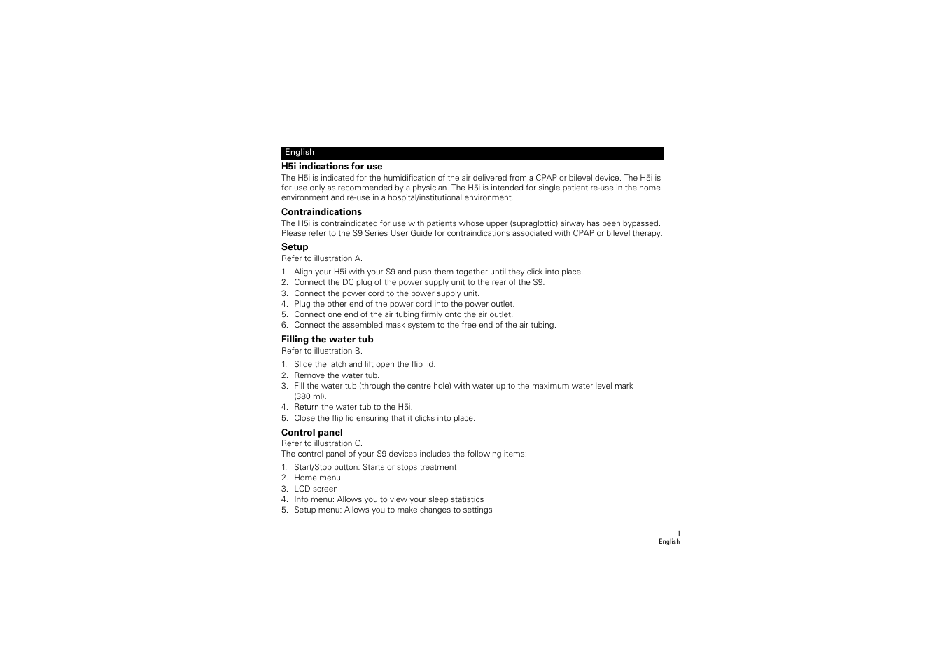 English, H5i indications for use, Contraindications | Setup, Filling the water tub, Control panel | ResMed S9 H5i User Manual | Page 5 / 156