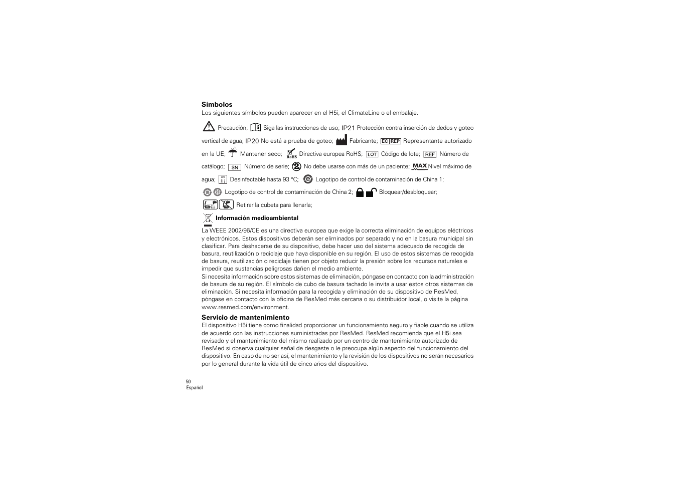 Símbolos, Servicio de mantenimiento | ResMed S9 H5i User Manual | Page 54 / 156