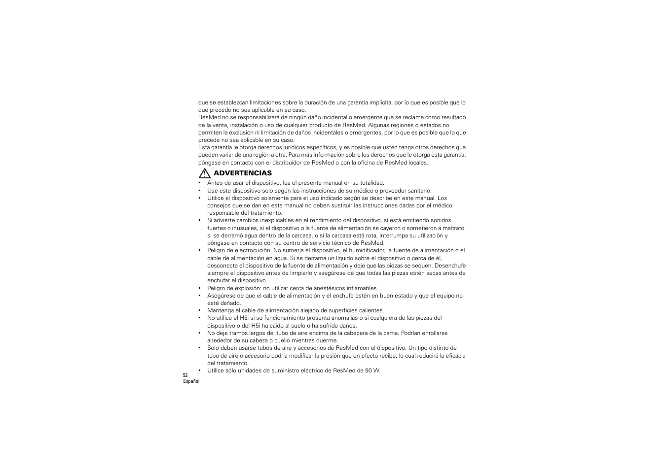 Advertencias | ResMed S9 H5i User Manual | Page 56 / 156