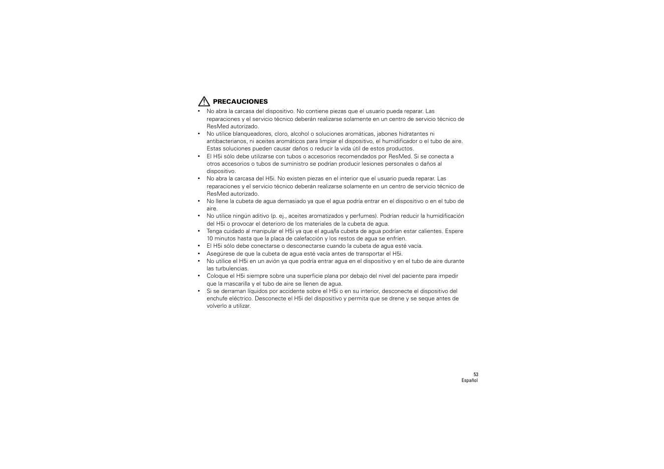 Precauciones | ResMed S9 H5i User Manual | Page 57 / 156