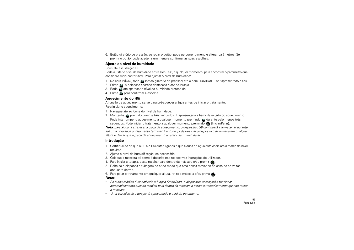 Ajuste do nível de humidade, Aquecimento do h5i, Introdução | ResMed S9 H5i User Manual | Page 59 / 156