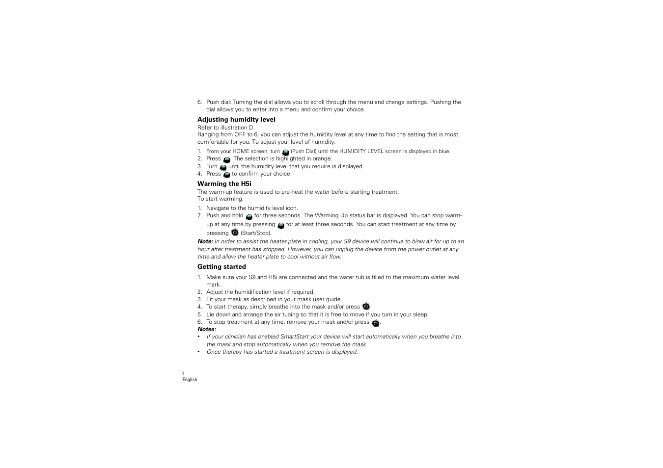 Adjusting humidity level, Warming the h5i, Getting started | ResMed S9 H5i User Manual | Page 6 / 156