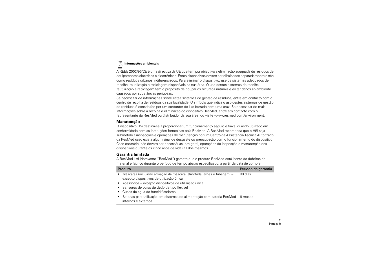 Manutenção, Garantia limitada | ResMed S9 H5i User Manual | Page 65 / 156