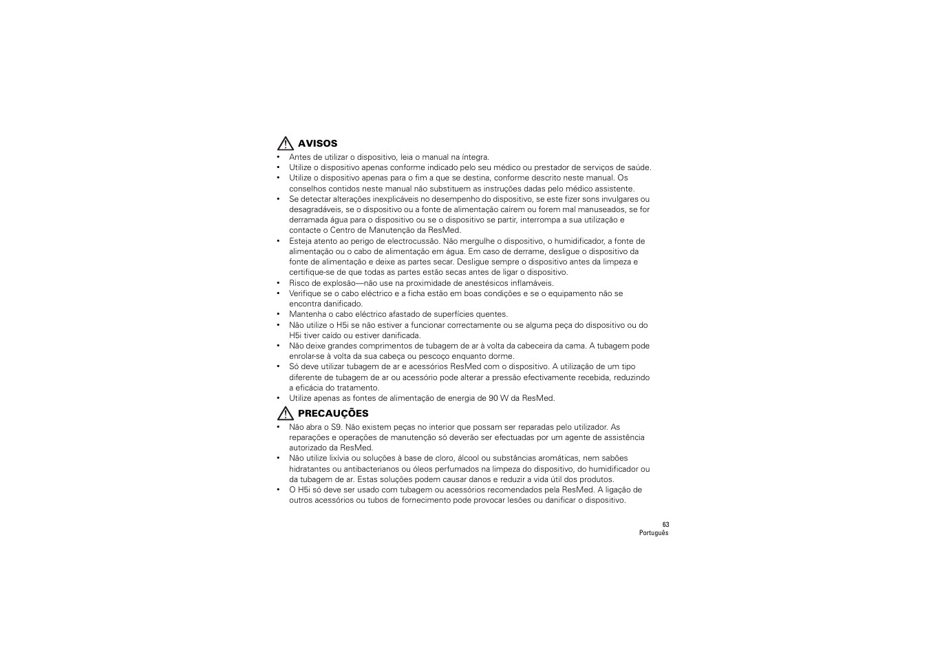 Avisos, Precauções | ResMed S9 H5i User Manual | Page 67 / 156