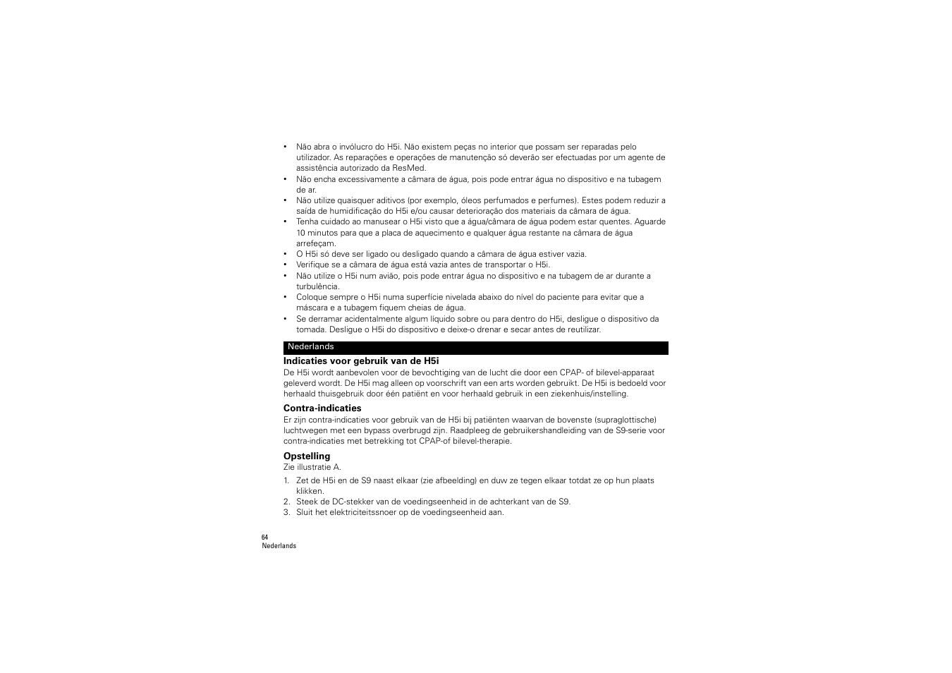 Nederlands, Indicaties voor gebruik van de h5i, Contra-indicaties | Opstelling | ResMed S9 H5i User Manual | Page 68 / 156