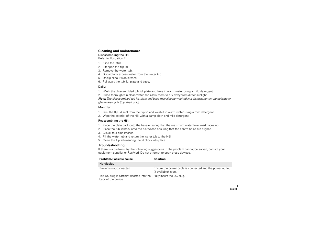 Cleaning and maintenance, Troubleshooting | ResMed S9 H5i User Manual | Page 7 / 156