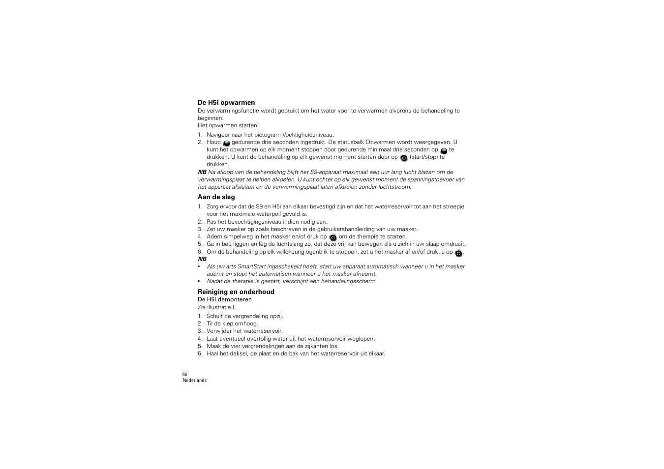 De h5i opwarmen, Aan de slag, Reiniging en onderhoud | ResMed S9 H5i User Manual | Page 70 / 156