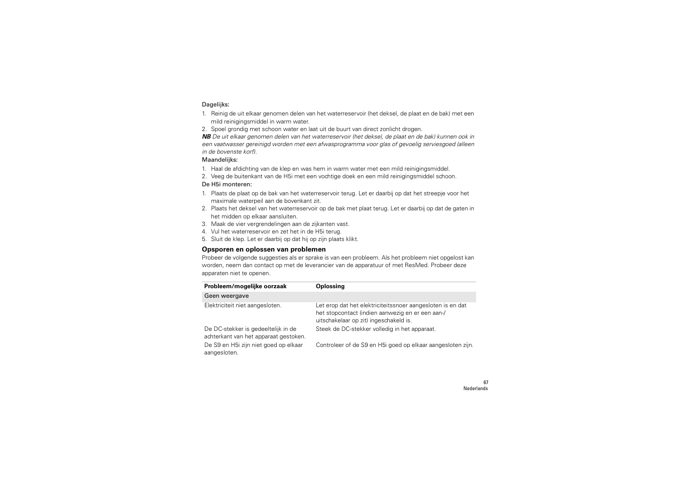 Opsporen en oplossen van problemen | ResMed S9 H5i User Manual | Page 71 / 156