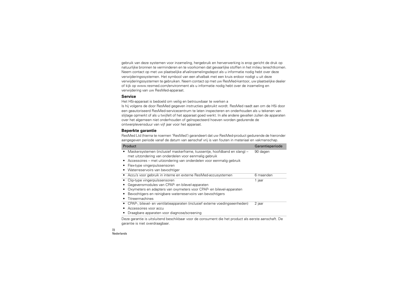 Service, Beperkte garantie | ResMed S9 H5i User Manual | Page 76 / 156