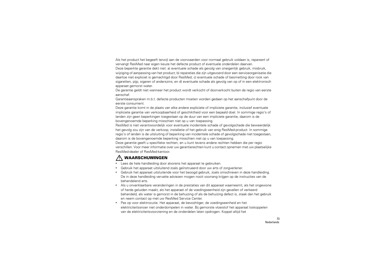 Waarschuwingen | ResMed S9 H5i User Manual | Page 77 / 156
