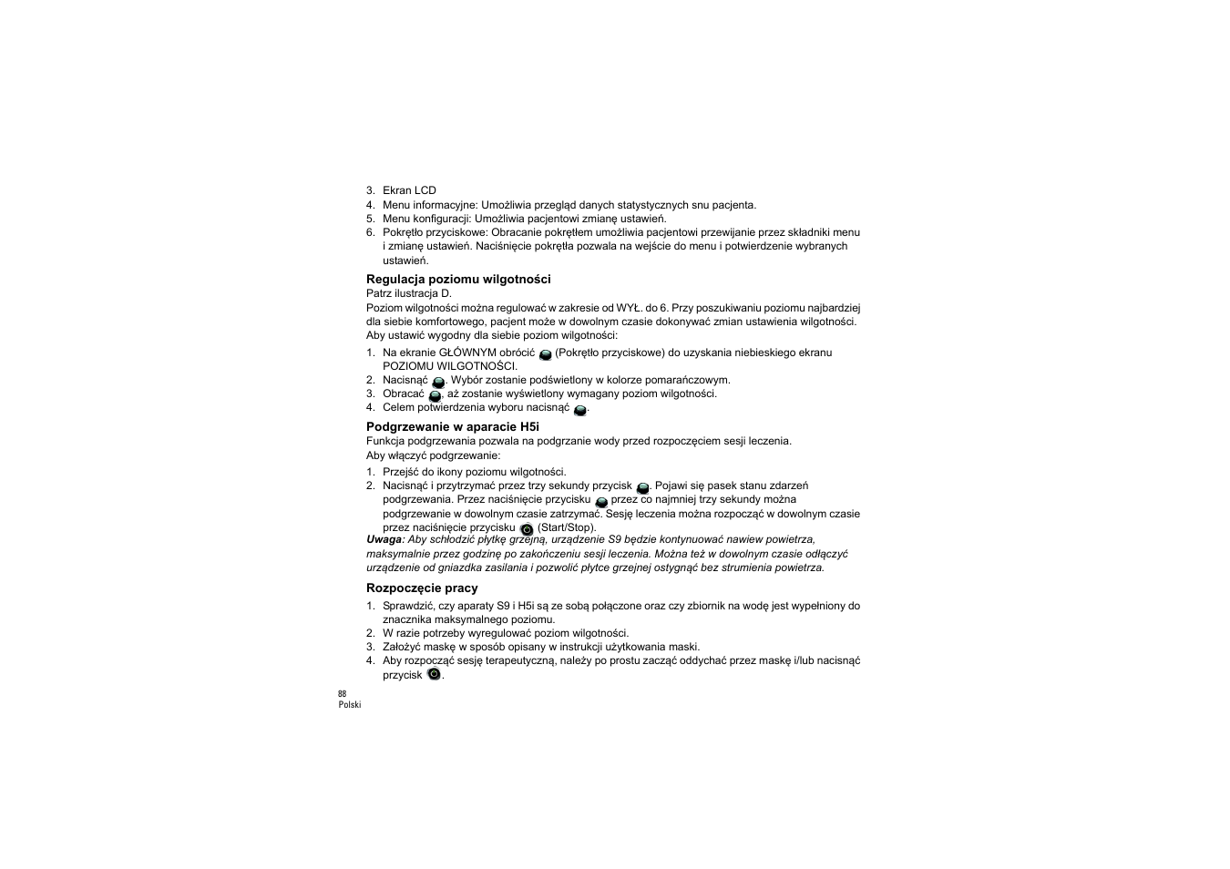 Regulacja poziomu wilgotności, Podgrzewanie w aparacie h5i, Rozpoczęcie pracy | ResMed S9 H5i User Manual | Page 92 / 156