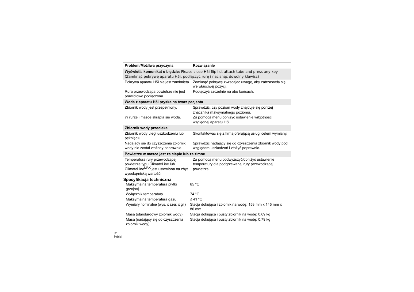 Specyfikacja techniczna | ResMed S9 H5i User Manual | Page 96 / 156