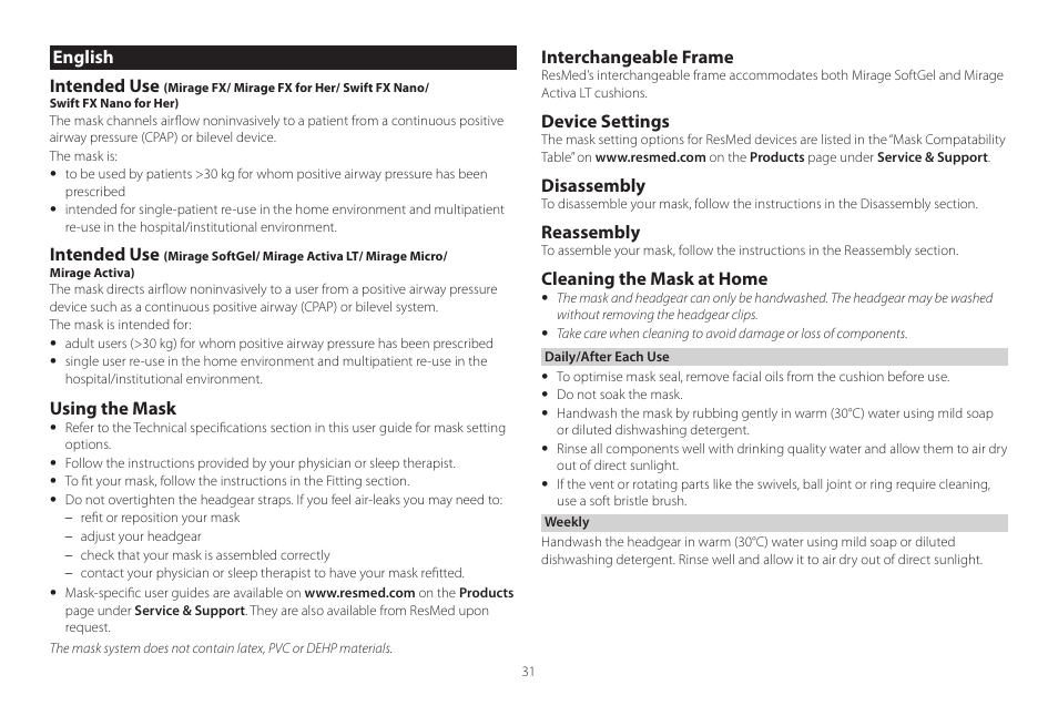 English, English intended use, Intended use | Using the mask, Interchangeable frame, Device settings, Disassembly, Reassembly, Cleaning the mask at home | ResMed Mirage Activa User Manual | Page 31 / 88