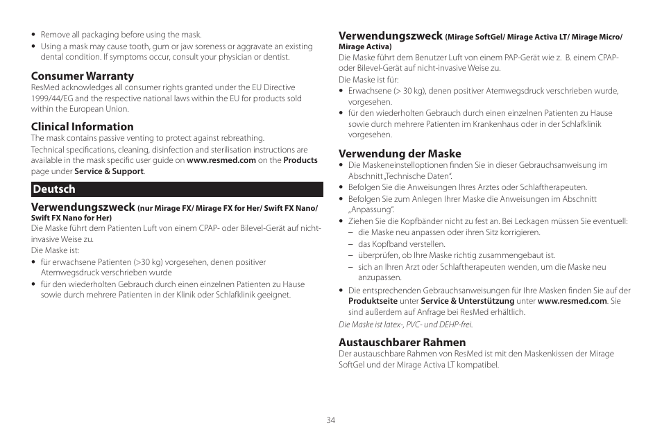 Deutsch, Consumer warranty, Clinical information | Deutsch verwendungszweck, Verwendungszweck, Verwendung der maske, Austauschbarer rahmen | ResMed Mirage Activa User Manual | Page 34 / 88