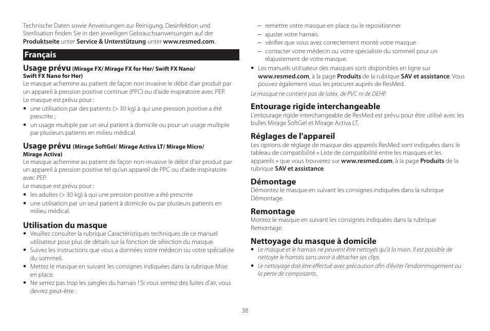 Français usage prévu, Usage prévu, Utilisation du masque | Entourage rigide interchangeable, Réglages de l'appareil, Démontage, Remontage, Nettoyage du masque à domicile | ResMed Mirage Activa User Manual | Page 38 / 88