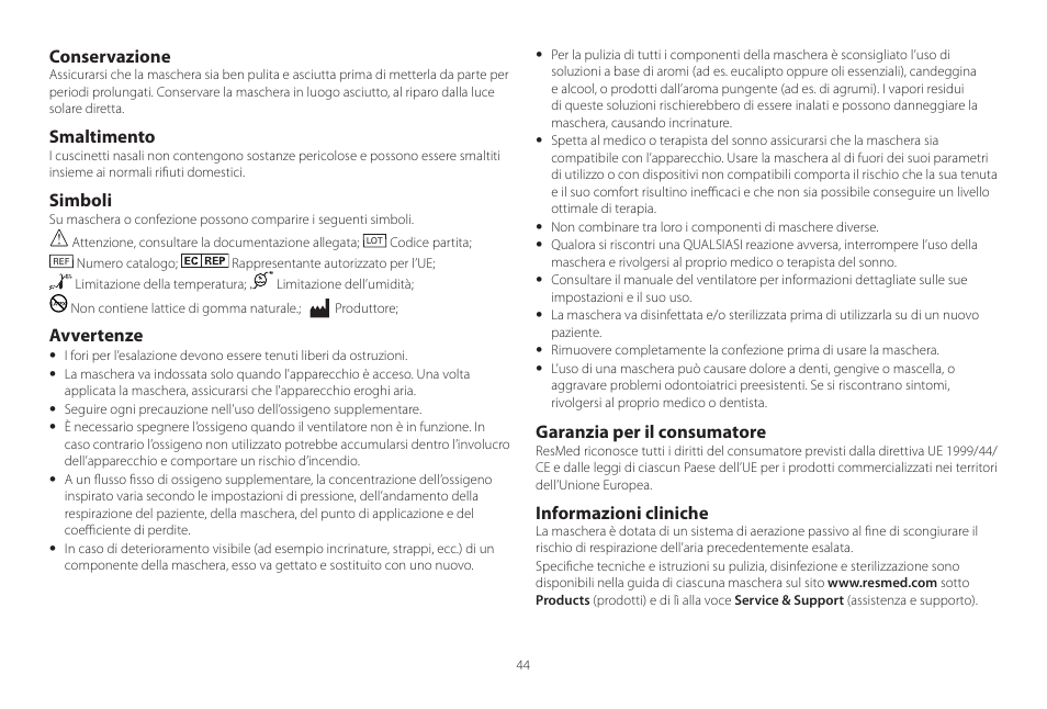 Español, Conservazione, Smaltimento | Simboli, Avvertenze, Garanzia per il consumatore, Informazioni cliniche | ResMed Mirage Activa User Manual | Page 44 / 88