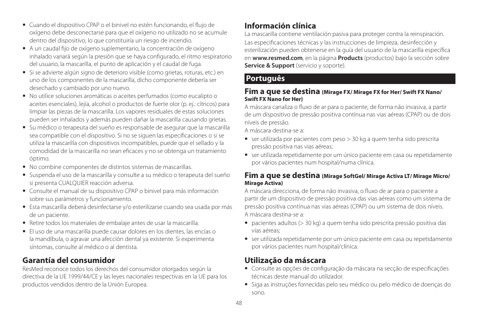 Português, Garantía del consumidor, Información clínica | Português fim a que se destina, Fim a que se destina, Utilização da máscara | ResMed Mirage Activa User Manual | Page 48 / 88