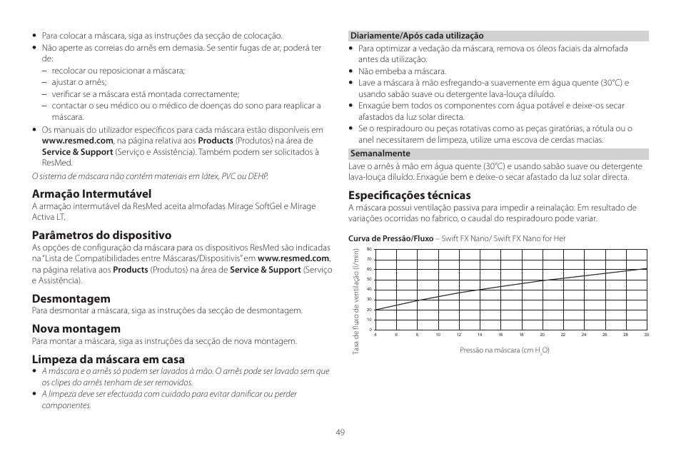 Armação intermutável, Parâmetros do dispositivo, Desmontagem | Nova montagem, Limpeza da máscara em casa, Especificações técnicas | ResMed Mirage Activa User Manual | Page 49 / 88