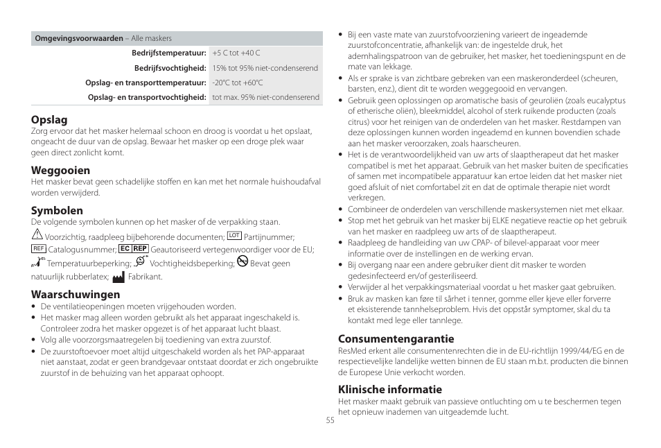 Ελληνικά, Opslag, Weggooien | Symbolen, Waarschuwingen, Consumentengarantie, Klinische informatie | ResMed Mirage Activa User Manual | Page 55 / 88