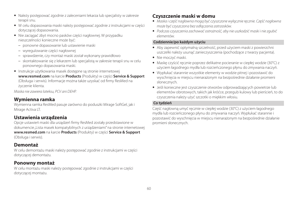 Wymienna ramka, Ustawienia urządzenia, Demontaż | Ponowny montaż, Czyszczenie maski w domu | ResMed Mirage Activa User Manual | Page 60 / 88