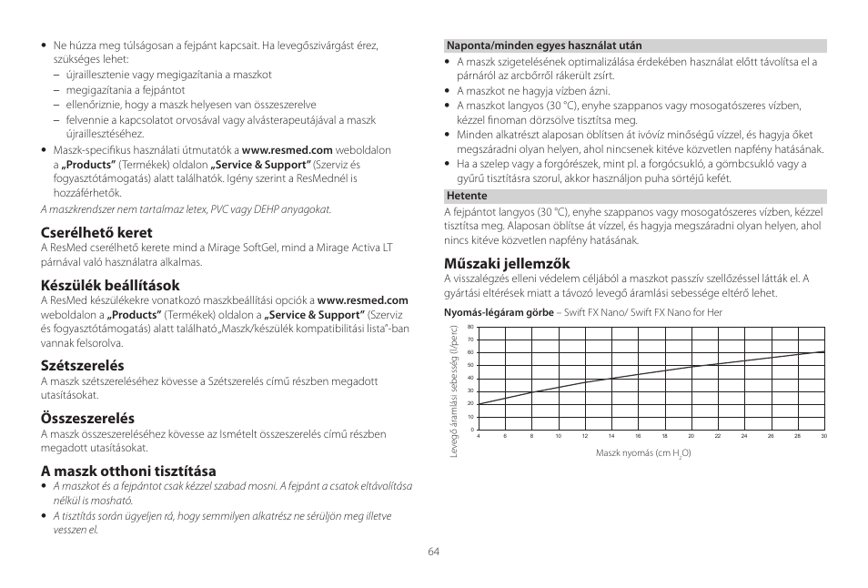 Cserélhető keret, Készülék beállítások, Szétszerelés | Összeszerelés, A maszk otthoni tisztítása, Műszaki jellemzők | ResMed Mirage Activa User Manual | Page 64 / 88