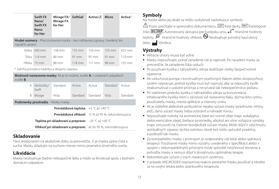 Skladovanie, Likvidácia, Symboly | Výstrahy | ResMed Mirage Activa User Manual | Page 73 / 88