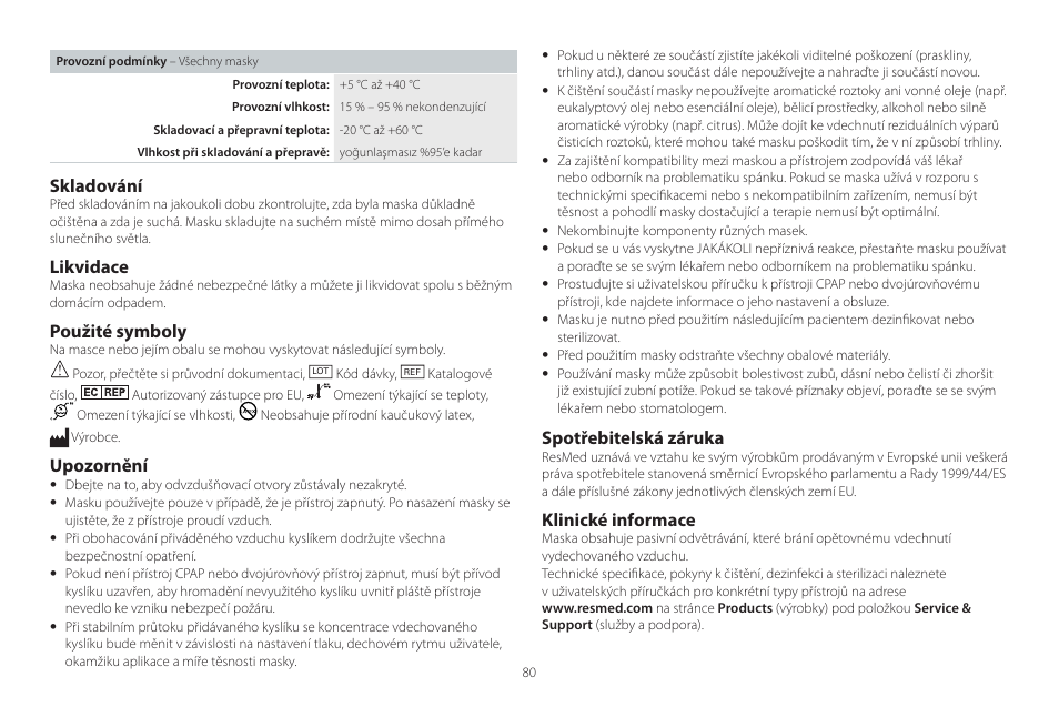 Skladování, Likvidace, Použité symboly | Upozornění, Spotřebitelská záruka, Klinické informace | ResMed Mirage Activa User Manual | Page 80 / 88