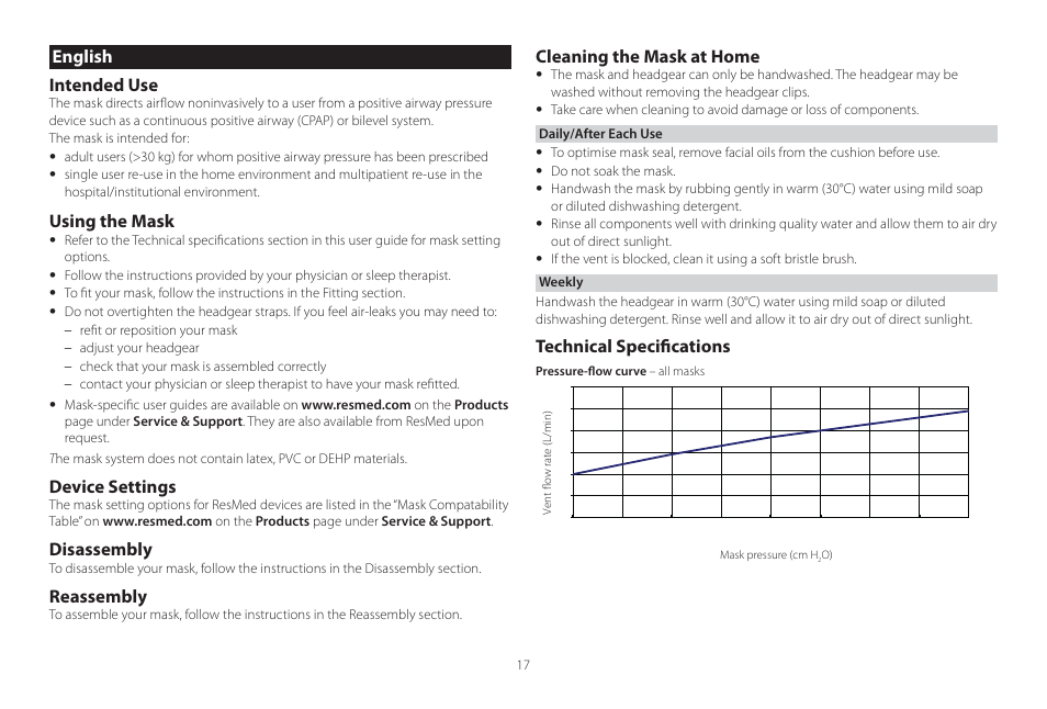 English, English intended use, Using the mask | Device settings, Disassembly, Reassembly, Cleaning the mask at home, Technical specifi cations | ResMed Mirage Swift II User Manual | Page 17 / 65