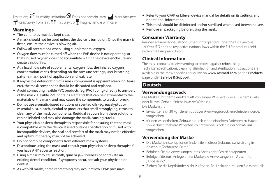 Deutsch, Warnings, Consumer warranty | Clinical information, Deutsch verwendungszweck, Verwendung der maske | ResMed Mirage Swift II User Manual | Page 19 / 65