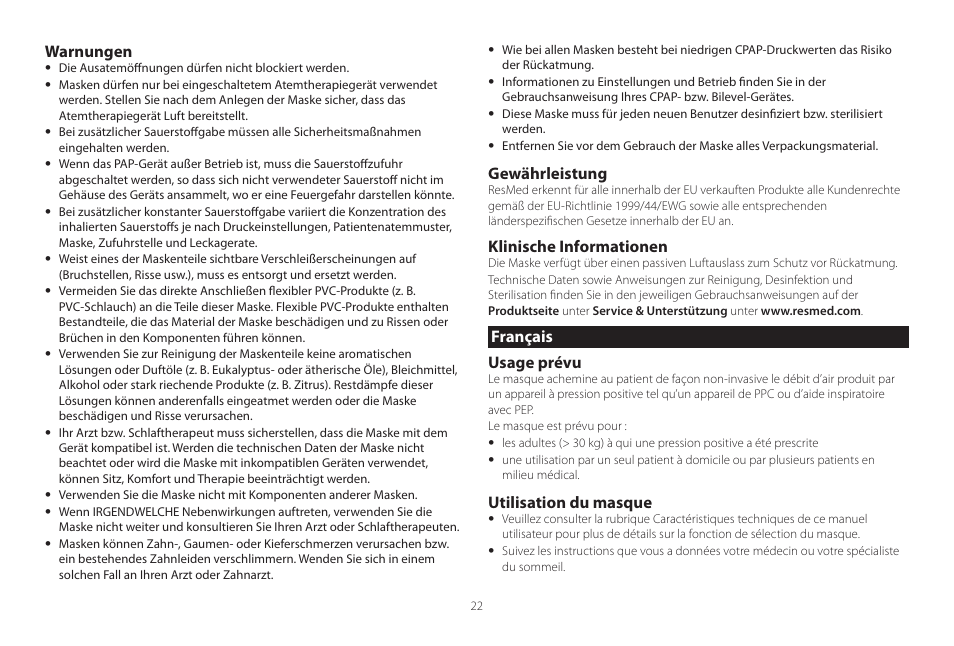 Français, Warnungen, Gewährleistung | Klinische informationen, Français usage prévu, Utilisation du masque | ResMed Mirage Swift II User Manual | Page 22 / 65