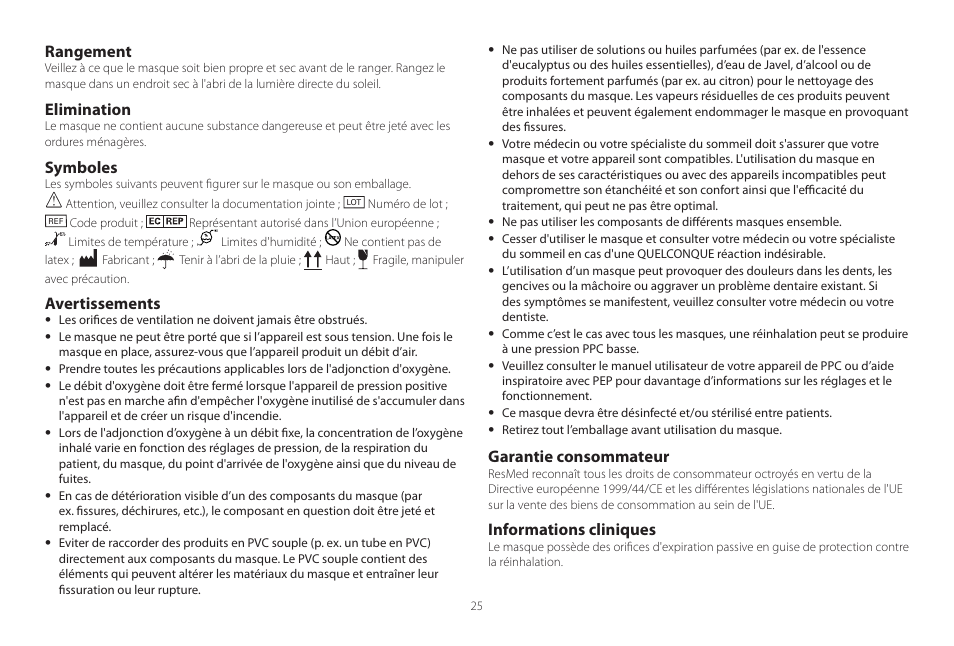 Rangement, Elimination, Symboles | Avertissements, Garantie consommateur, Informations cliniques | ResMed Mirage Swift II User Manual | Page 25 / 65